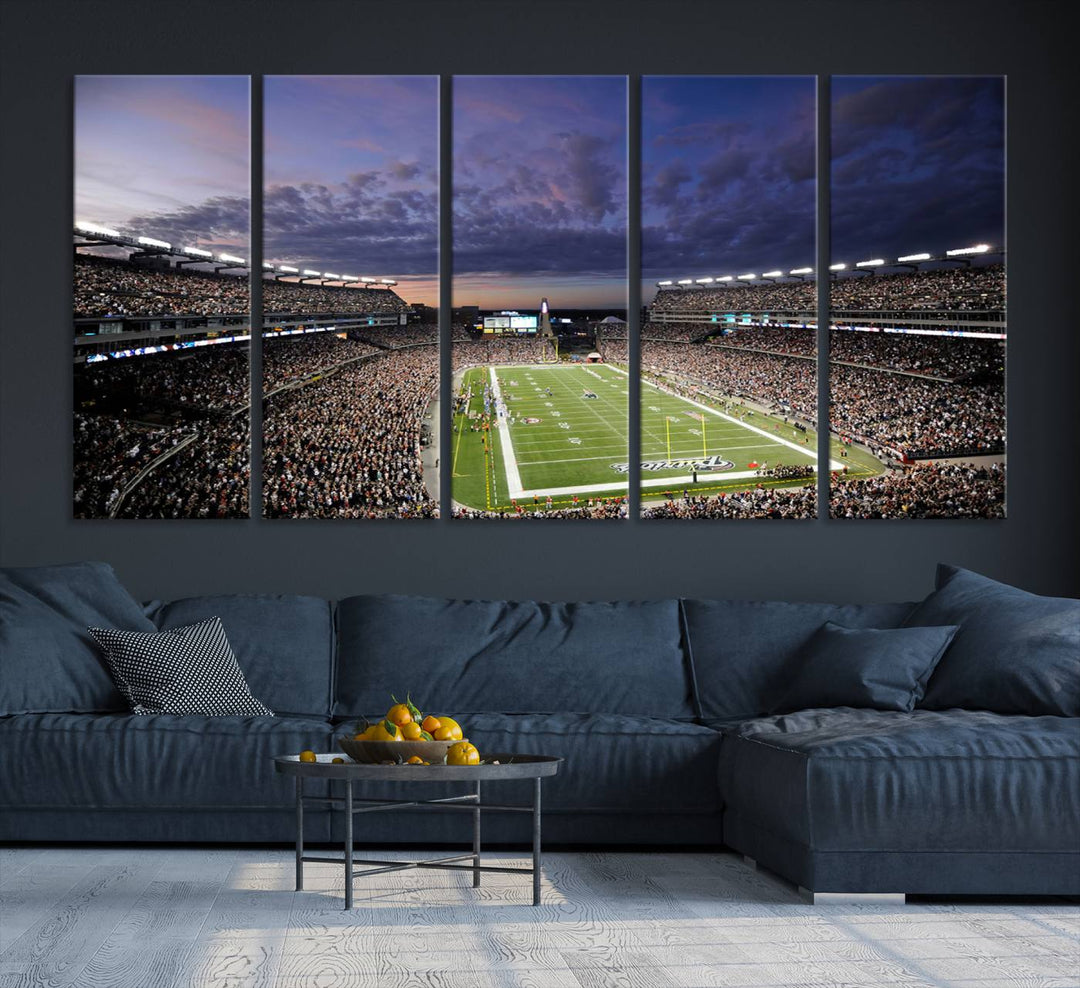 A large New England Patriots Foxborough Gillette Stadium wall art canvas print at sunset.