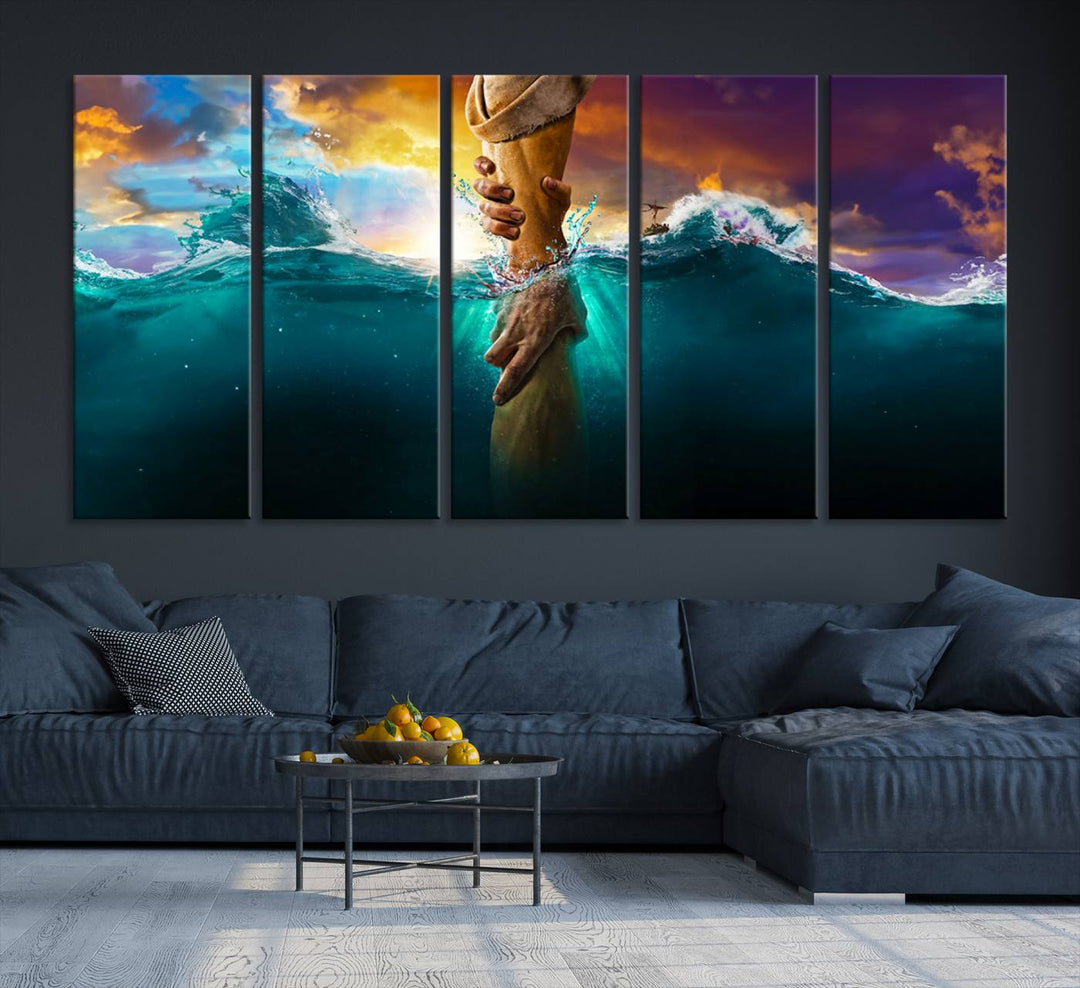 The God Hand Wall Art Canvas Print depicts hands reaching through water against a vibrant sky.