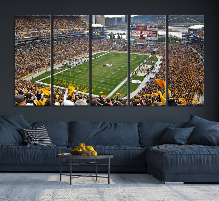 Heinz Field wall art and a cityscape serve as the backdrop.