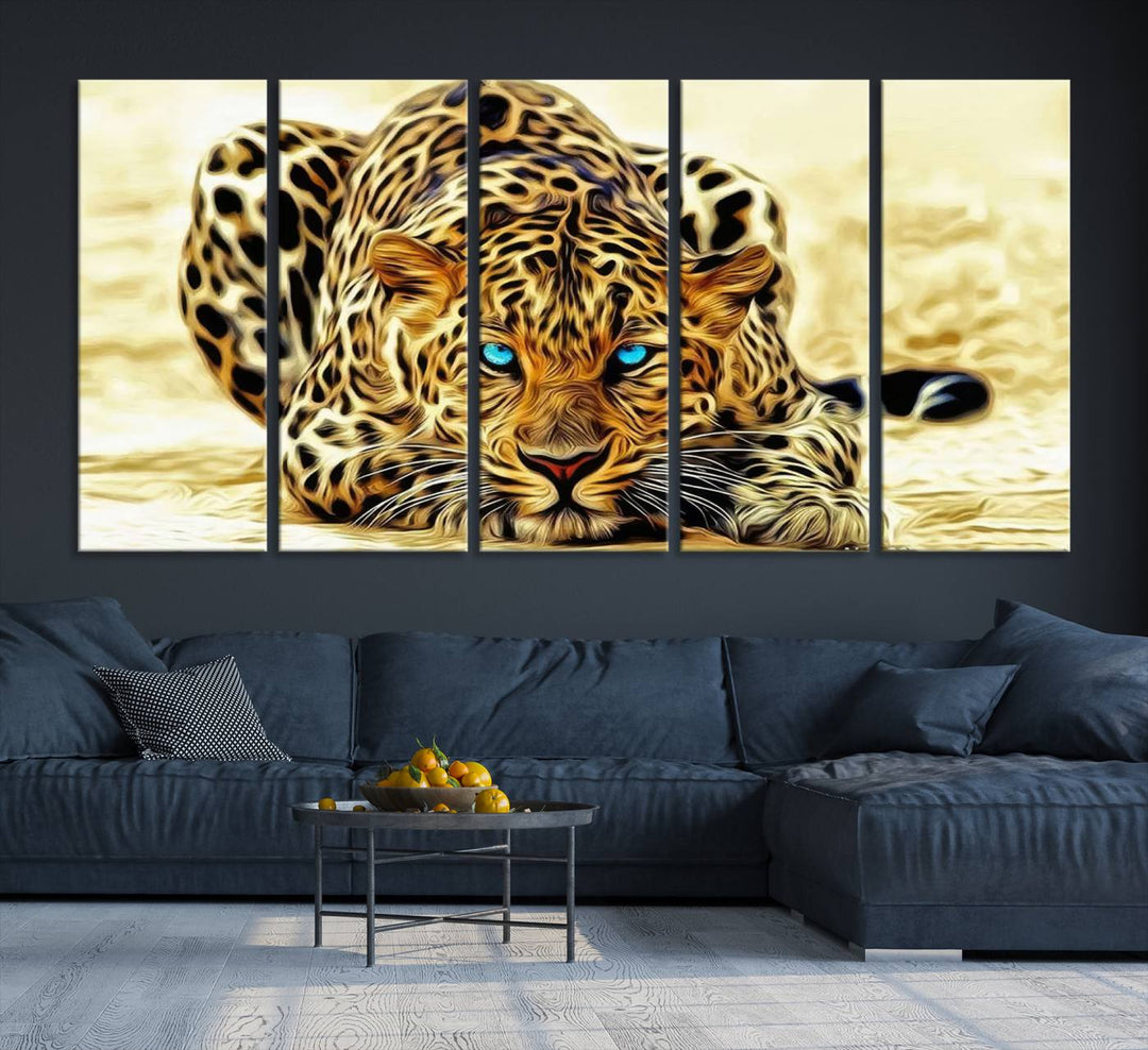 The Blue-Eyed Leopard Canvas Wall Art features a fierce and captivating design, perfect for wildlife enthusiasts. Its bold imagery makes it a striking decor piece, ready to hang.