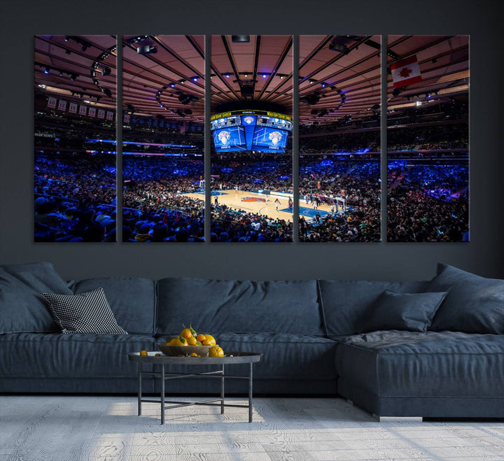 A print depicting an NBA game at Madison Square Garden, highlighting the scoreboard.