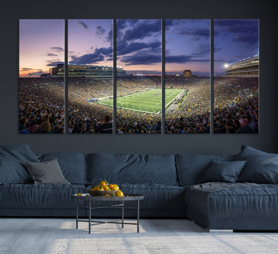 As the sun sets, a stunning backdrop highlights the Notre Dame Fighting Irish Football Team Print.