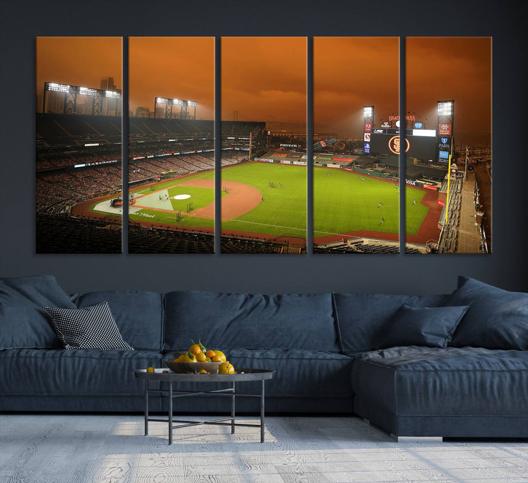 A canvas depicting an Oracle Park game with an orange sky, from SF Giants Stadium Wall Art.