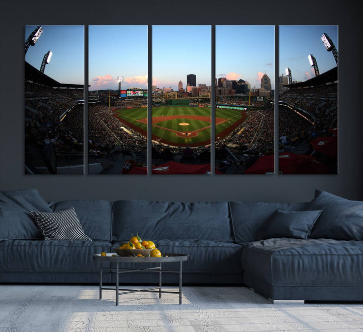 The PNC Park Evening Game Canvas, featuring a skyline backdrop, is displayed on the wall.