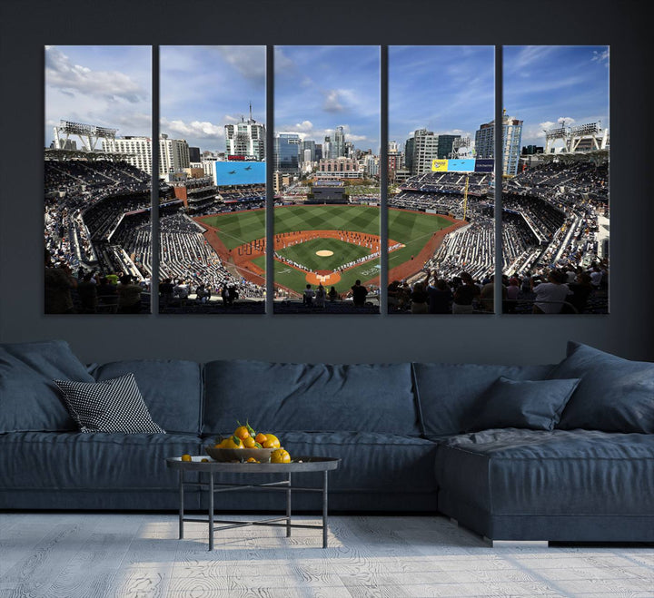 The San Diego Padres Baseball Canvas Print of Petco Park enhances the modern kitchen-dining area.