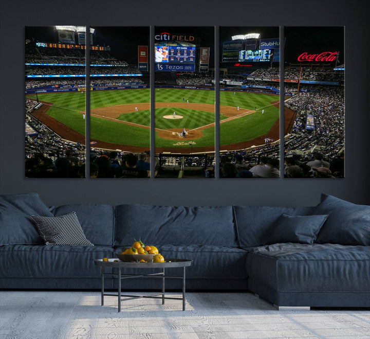 A print of the Oakland Athletics game at RingCentral Coliseum hangs on the wall.