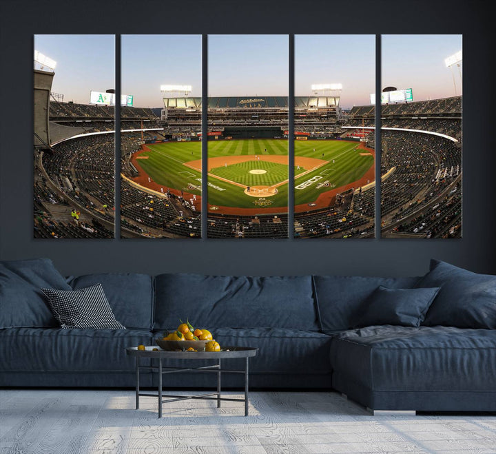 Oakland Athletics wall art canvas featuring the interior of RingCentral Coliseum Stadium.