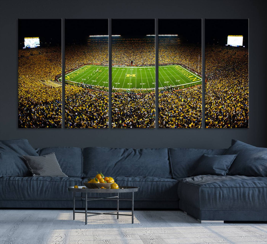 Aerial view of Michigan Stadium night game, ideal for Michigan Wolverines Football Team displayed on a triple canvas wall art.