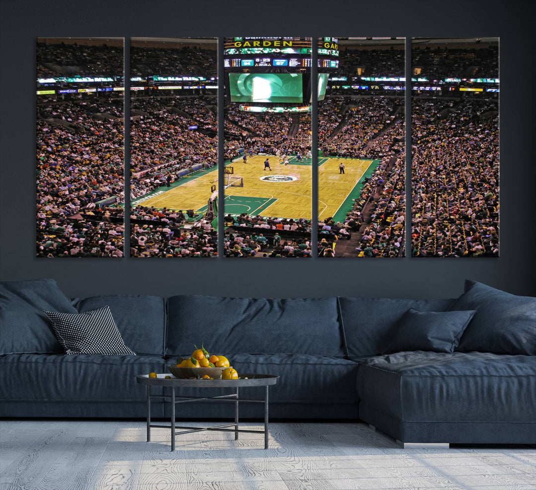 A vibrant depiction of a TD Garden basketball game is beautifully captured in the Boston Celtics Triple Canvas Wall Art, which comes framed and ready to hang.