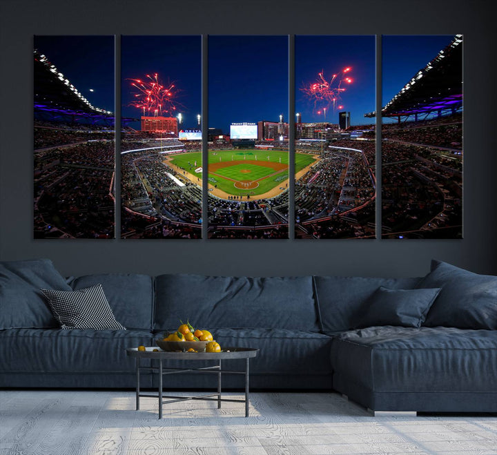 Truist Park wall art: fireworks over a Braves crowd, a large 3-panel canvas, framed and ready-to-hang.