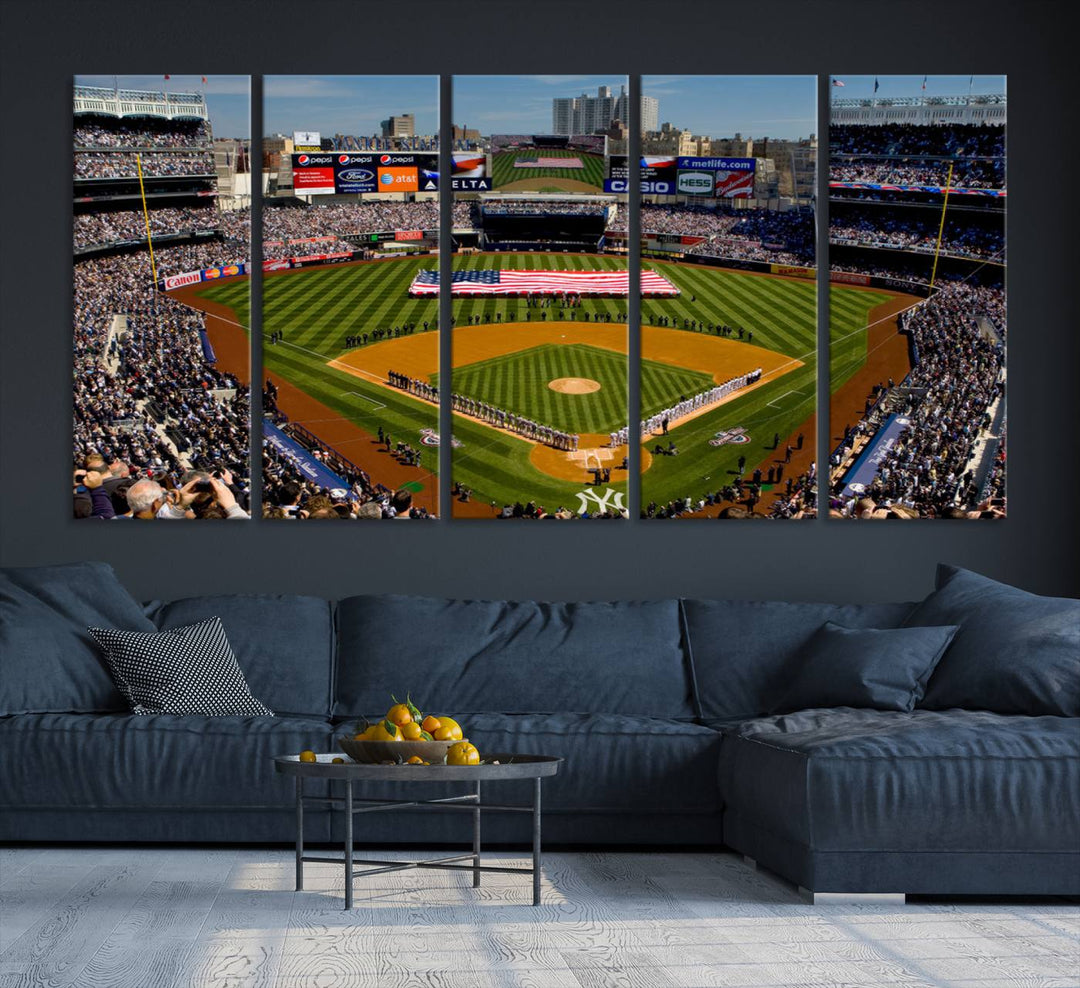 The Yankee Stadium New York wall art print features a vibrant scene of baseball fans with a large flag and players, expertly capturing the spirit of the game. This ready-to-hang décor is perfect for adding a dynamic touch to any space.