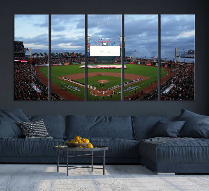 This framed 3-panel canvas MLB wall art features a giant flag and fans under a cloudy sky at Oracle Park.