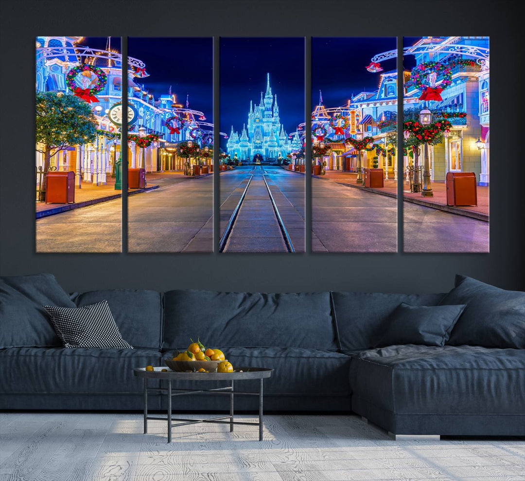 Disney wall art featuring a fantasy castle street at night.