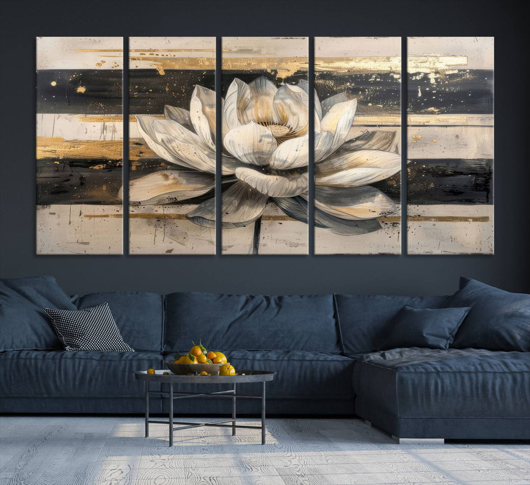 The wall is adorned with an Abstract Lotus Flower Wall Art Canvas Print.