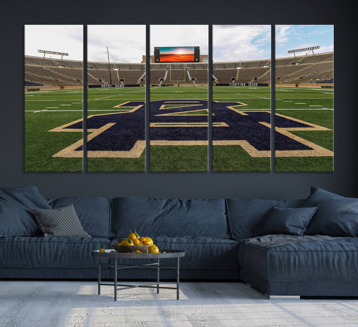 Notre Dame Stadium Triptych: This ready-to-hang giclee canvas print features a vibrant depiction of the football field adorned with an A logo and a stunning sunset.