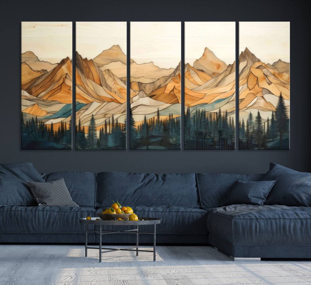 A triptych giclee print of mountains decorates the wall above the counter.