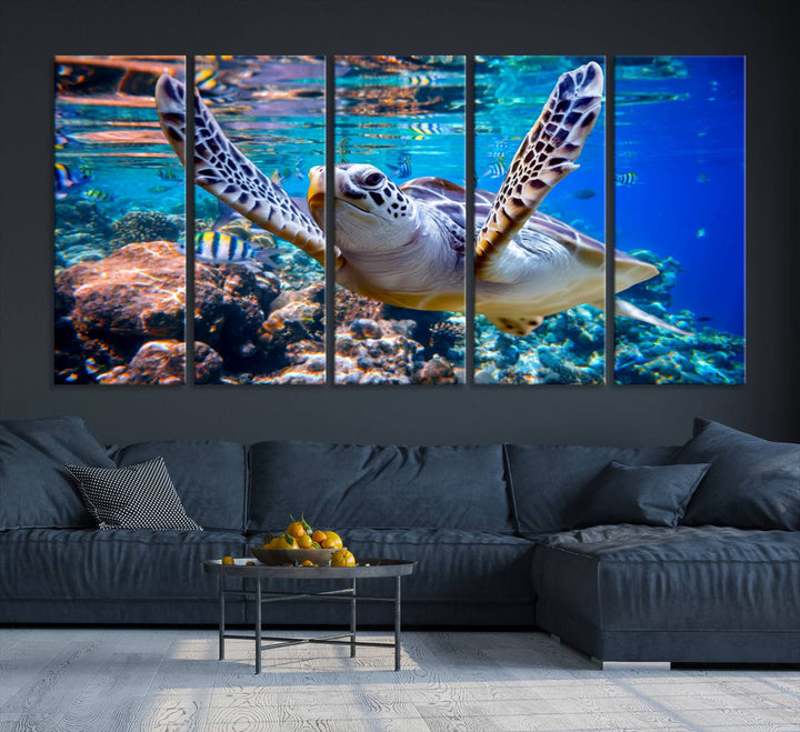 The Underwater Sea Turtle Wall Art Canvas Print serves as vibrant ocean décor, enhancing the kitchen with its stunning depiction.