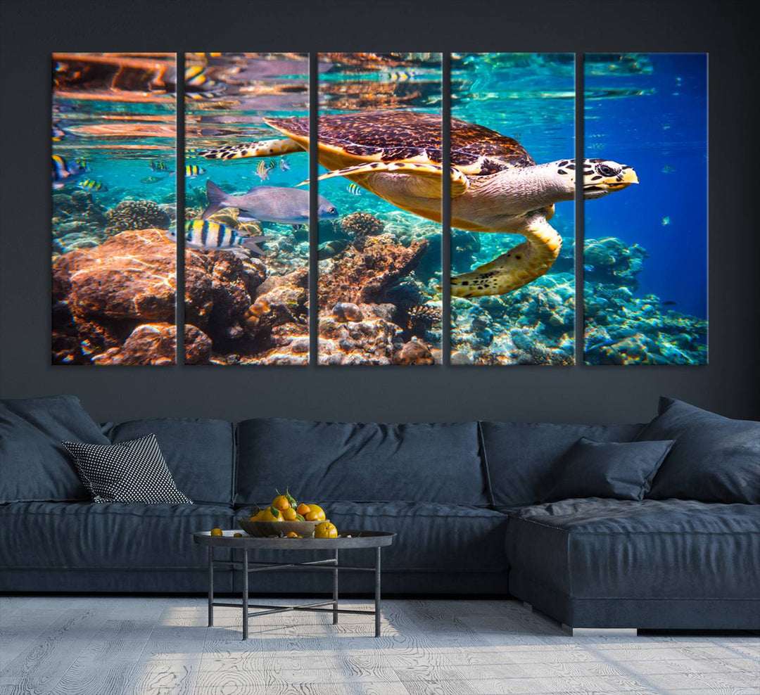 A Sea Turtle Wall Art Canvas Print features a colorful turtle swimming among coral. This artwork is ready to hang.