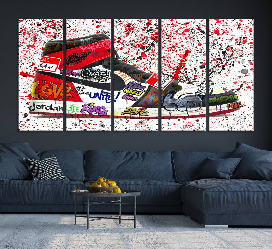 A Jordan Shoes Graffiti Canvas Print hangs prominently, perfect for sneakerheads and urban art lovers.