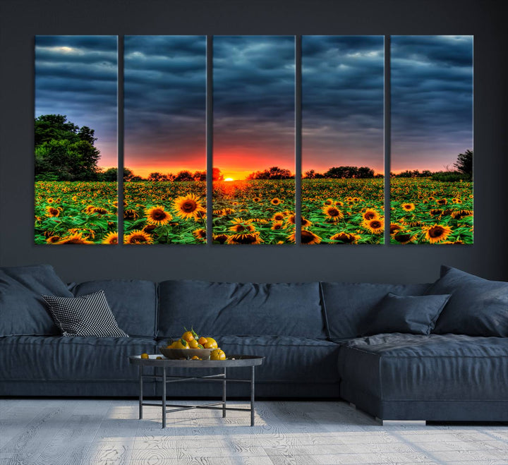 A Golden Sunflower Field at Sunset ready-to-hang wall art canvas print.