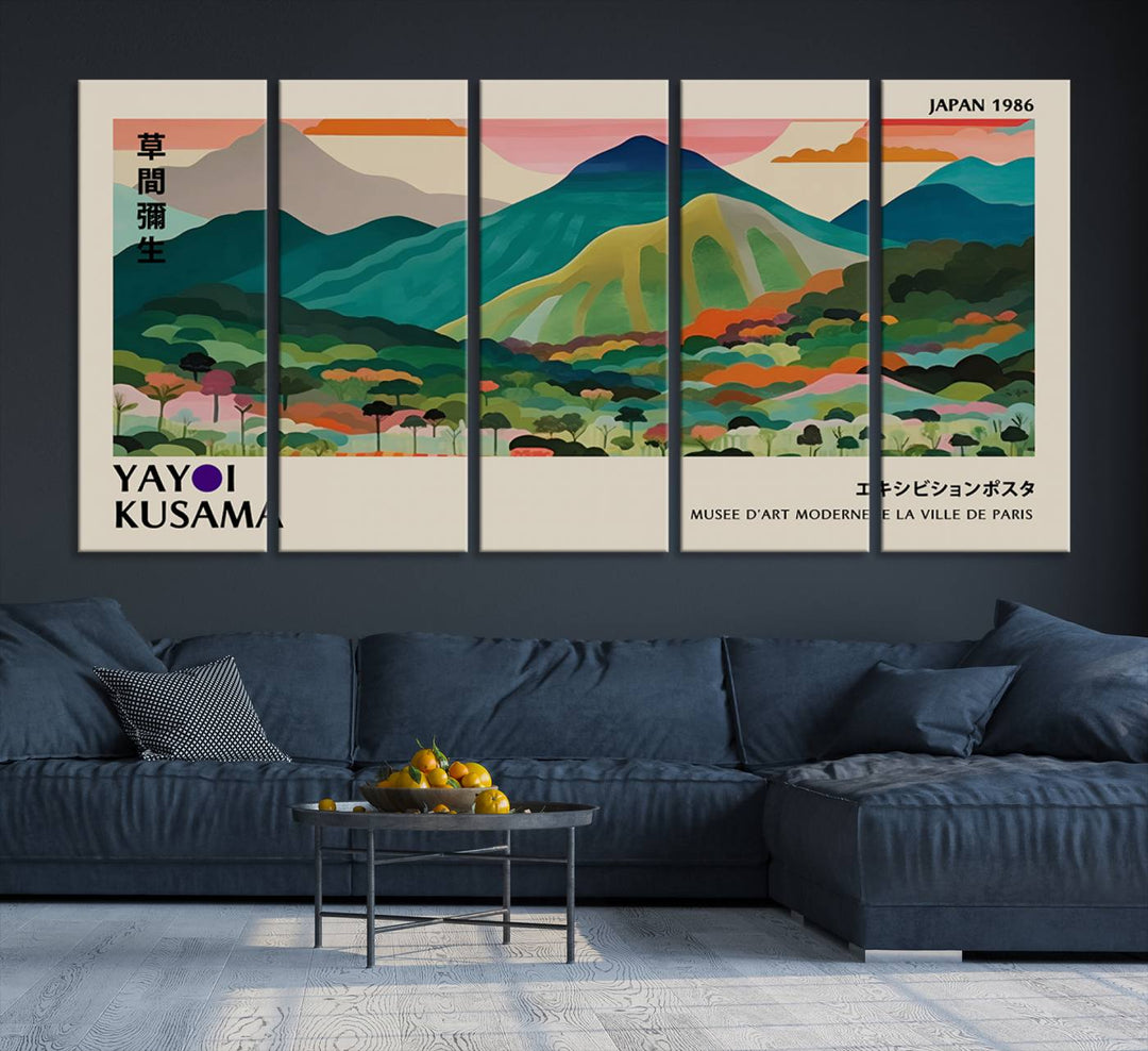 Vibrant Kusama landscape canvas featuring floral mountains and botanical decor, ideal for a modern home.