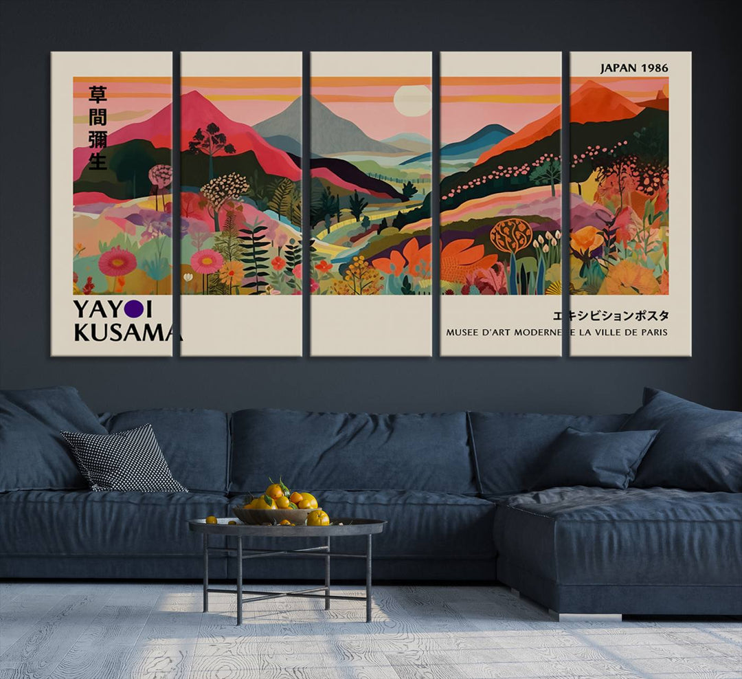 The Yayoi Kusama Landscape Print features vibrant floral mountains with abstract designs, ideal for modern decor.