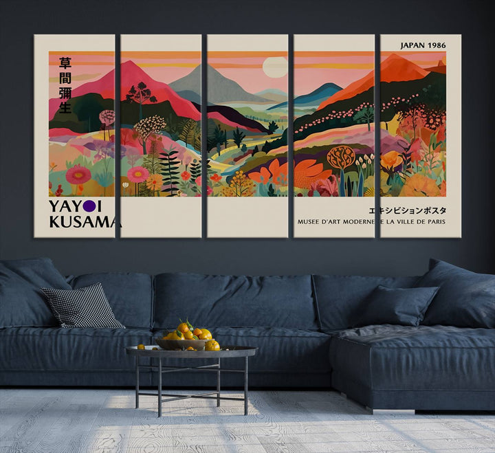 The Yayoi Kusama Landscape Print features vibrant floral mountains with abstract designs, ideal for modern decor.