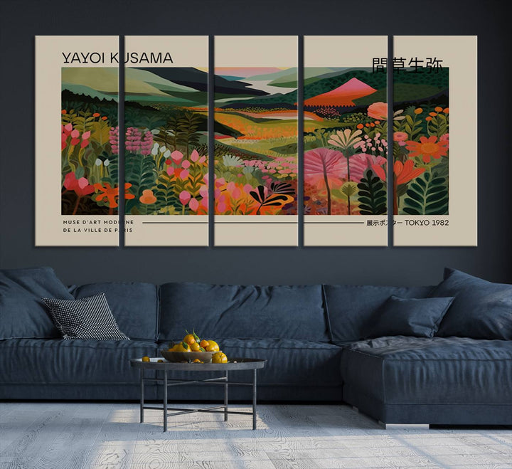 A Yayoi Kusama Landscape Canvas Print brightens the wall with vibrant floral and mountain art.