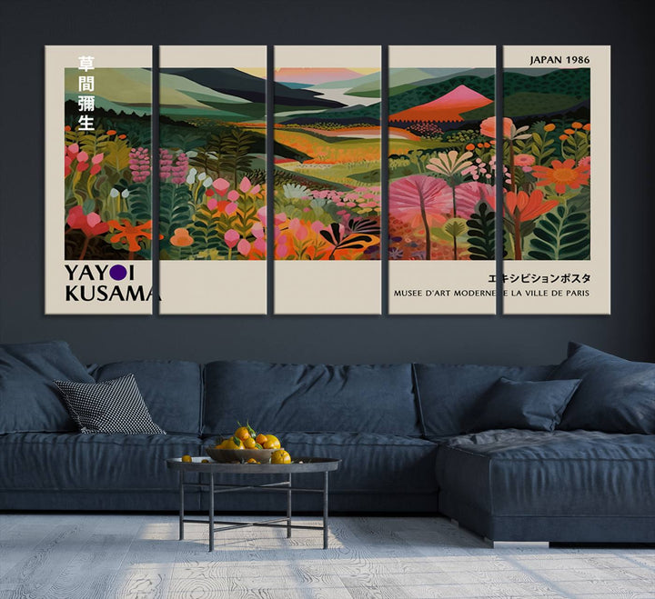 Yayoi Kusamas Landscape Canvas Print with vibrant floral mountain art adorns the wall.