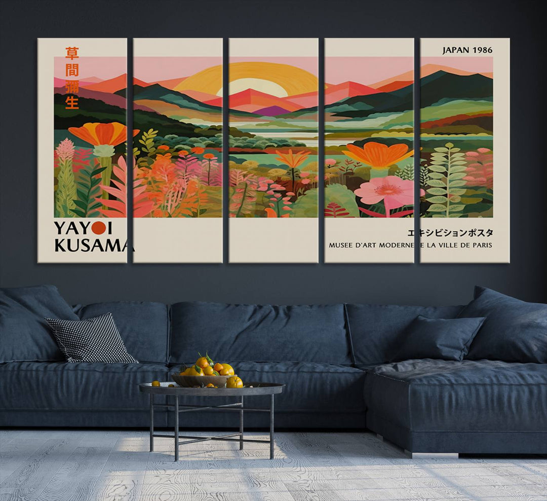 The Yayoi Kusama Landscape Canvas Print, featuring vibrant floral mountains and sunset scenery, enhances the room.