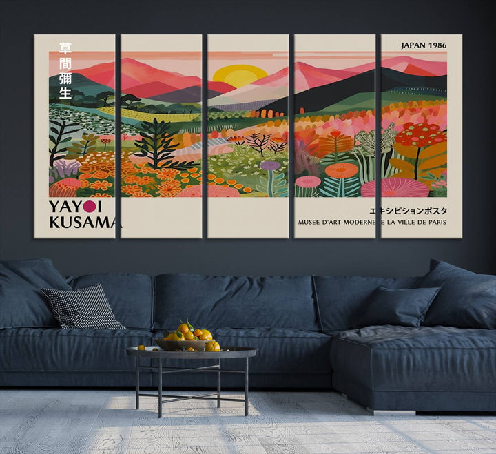 The wall art includes a vintage world map and Yayoi Kusamas colorful landscape.