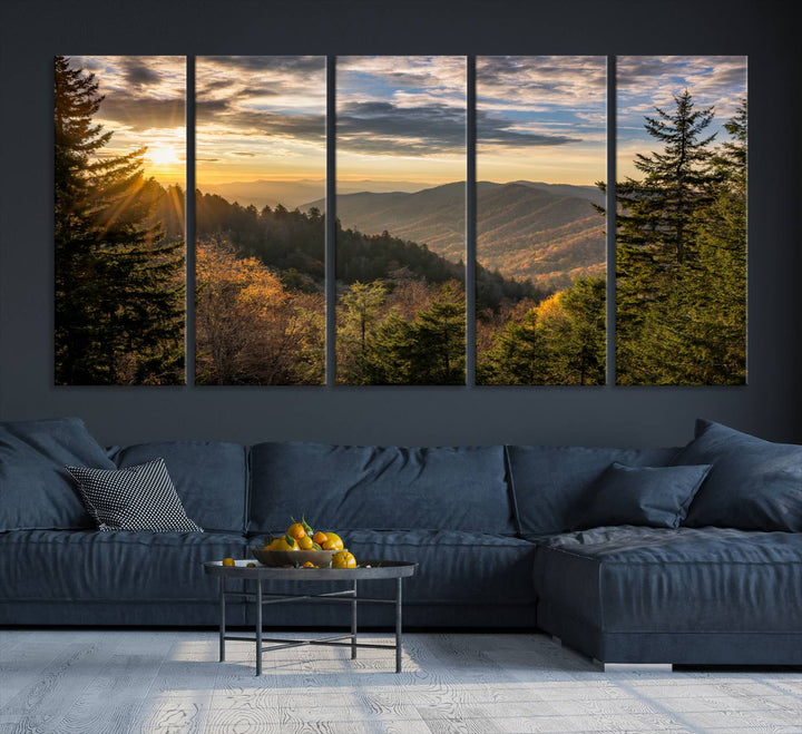 The dining area is beautifully decorated with the Sunrise Over the Smoky Mountains Canvas Wall Art – a breathtaking scenic landscape photography in a stunning triptych that's ready to hang.