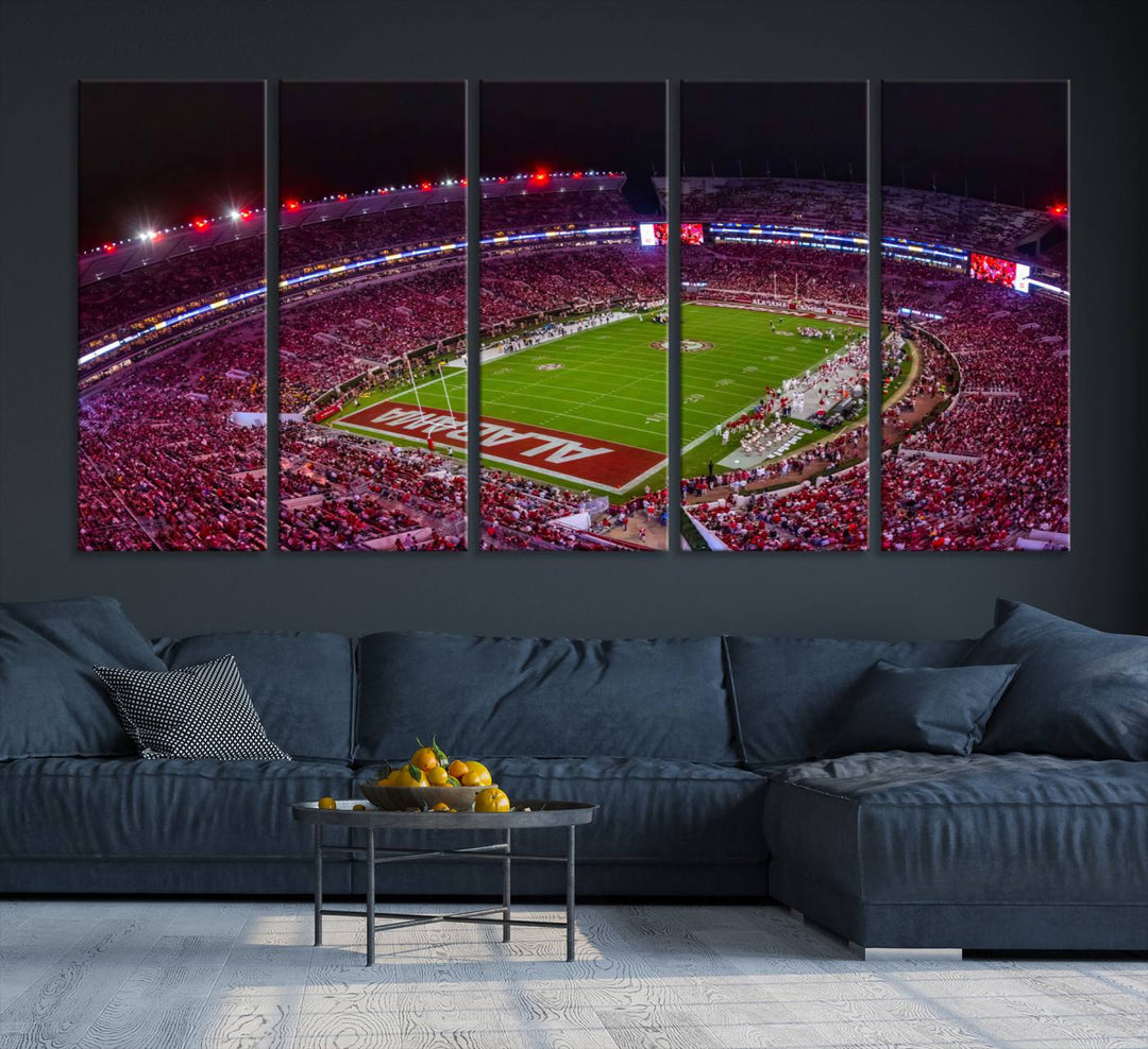 The living room features a Bryant-Denny Stadium Night Game Triple Canvas Wall Art.