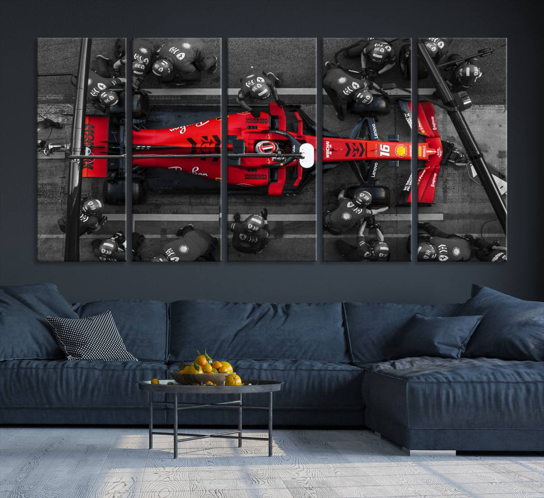 The Ferrari Pit Stop Canvas Wall Art features bold motorsport imagery that captures the precision and speed of Formula 1.