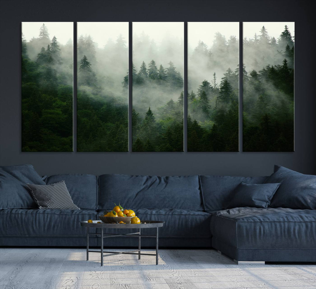 The Misty Forest Wall Art Canvas Print captures a serene, foggy evergreen landscape, evoking a mysterious woodland ambiance.