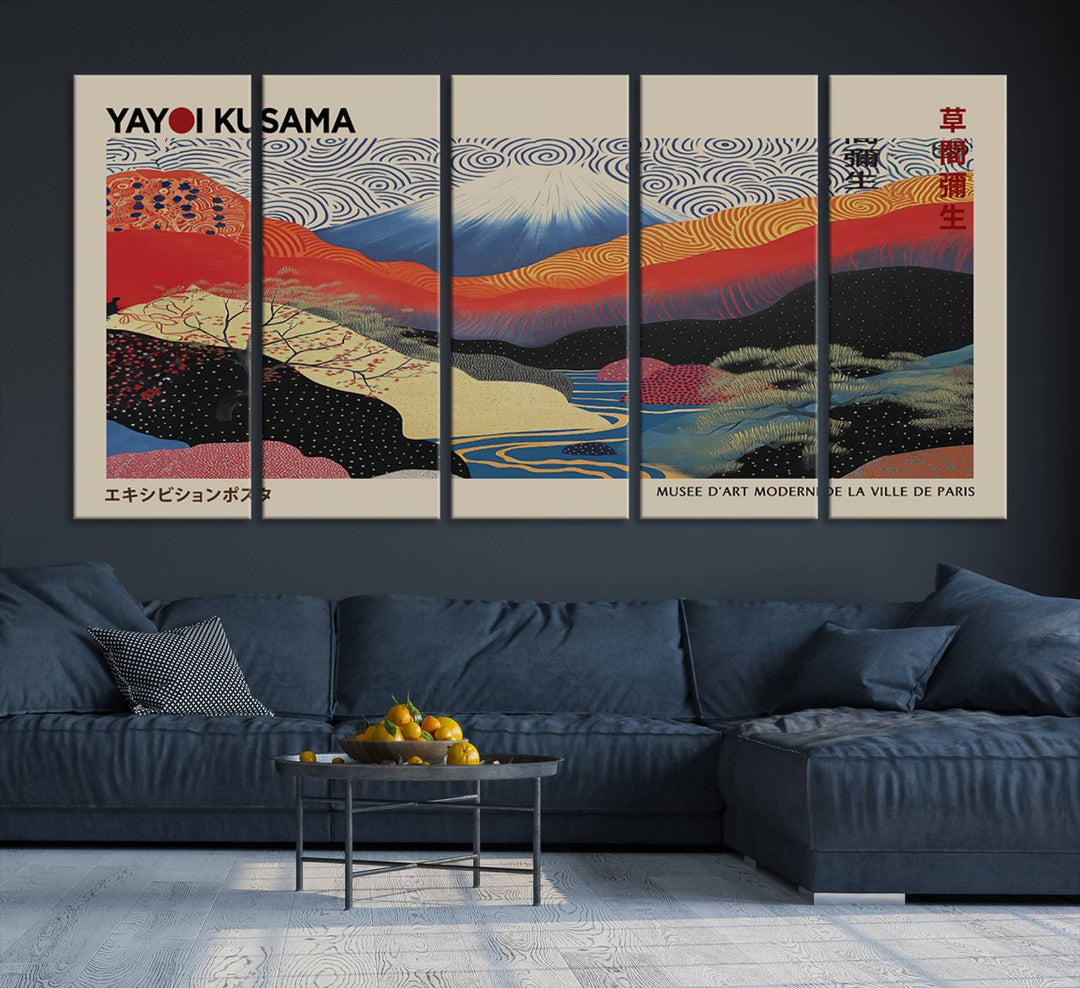 A framed Yayoi Kusama 1986 wall art print, showcasing vibrant abstract landscapes with a Wabi Sabi influence, is prominently displayed as a Japanese wall art piece.