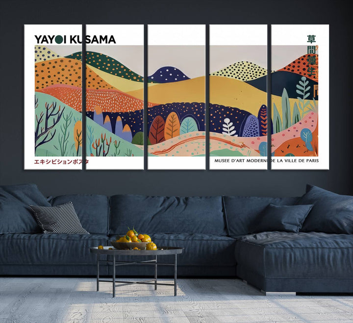 A triptych featuring the Framed Yayoi Kusama 1986 Wall Art Print hangs above. This Japanese Wabi Sabi inspired piece, rich in vibrant abstract landscapes, adds an elegant touch to any nature-inspired décor.