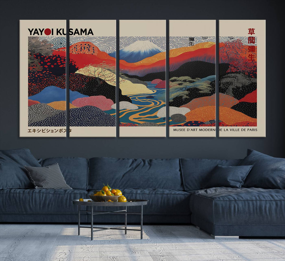 The room showcases Kusamas 1986 vibrant abstract landscape wall art print.