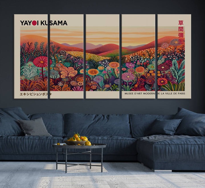 A framed Yayoi Kusama abstract landscape art print adorns the wall.