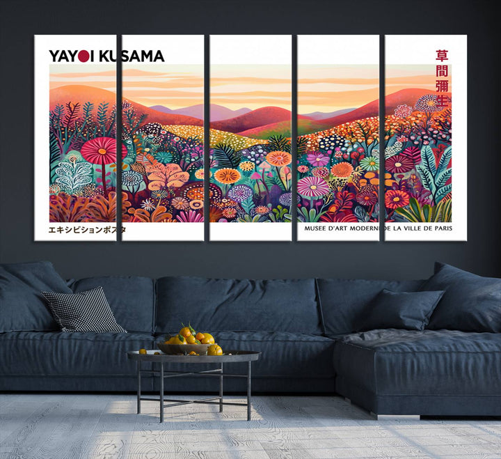 A Framed Yayoi Kusama 1986 Wall Art Print, showcasing a vibrant abstract landscape with flowers and reflecting the Wabi Sabi style, is displayed.