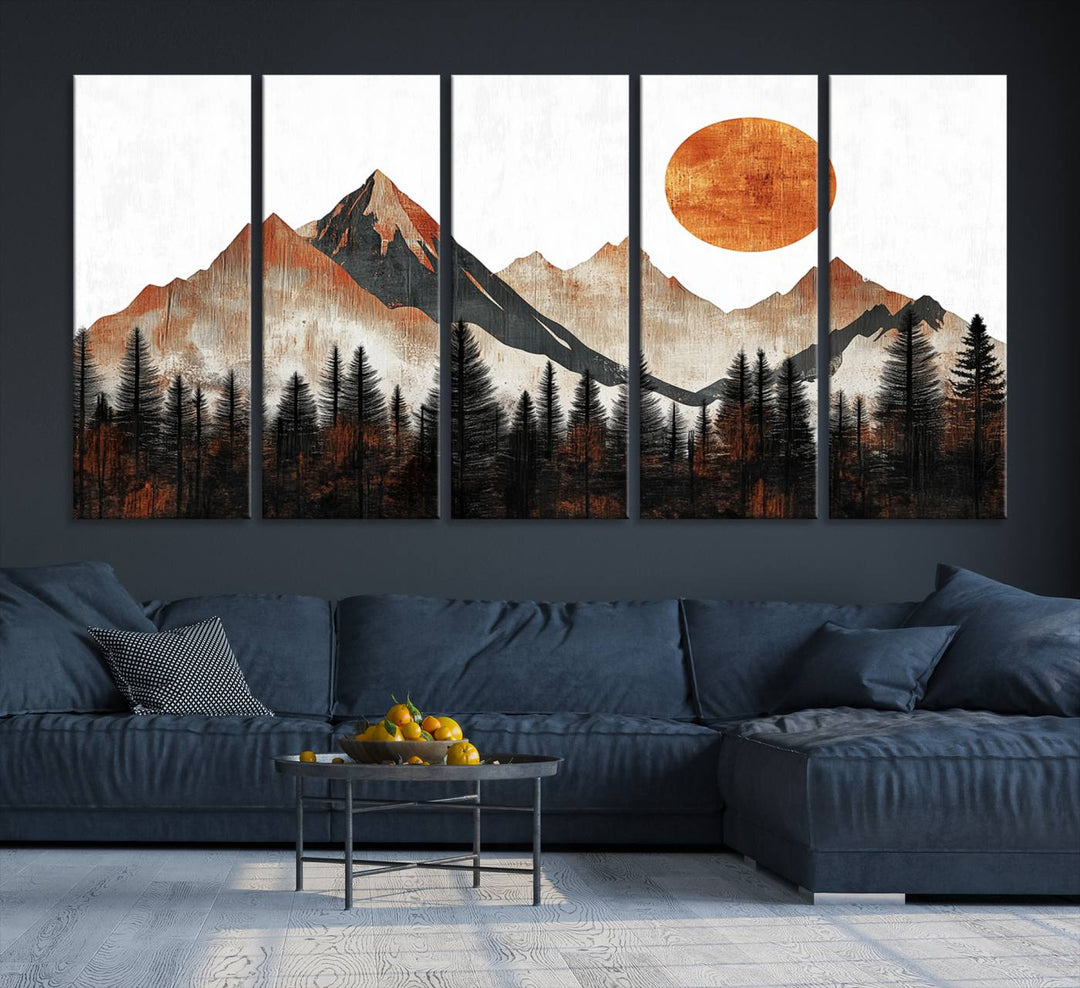 The "Modern Abstract Mountain Canvas Wall Art Print" in the living room features an abstract landscape of mountains, trees, and a warm-toned sun.