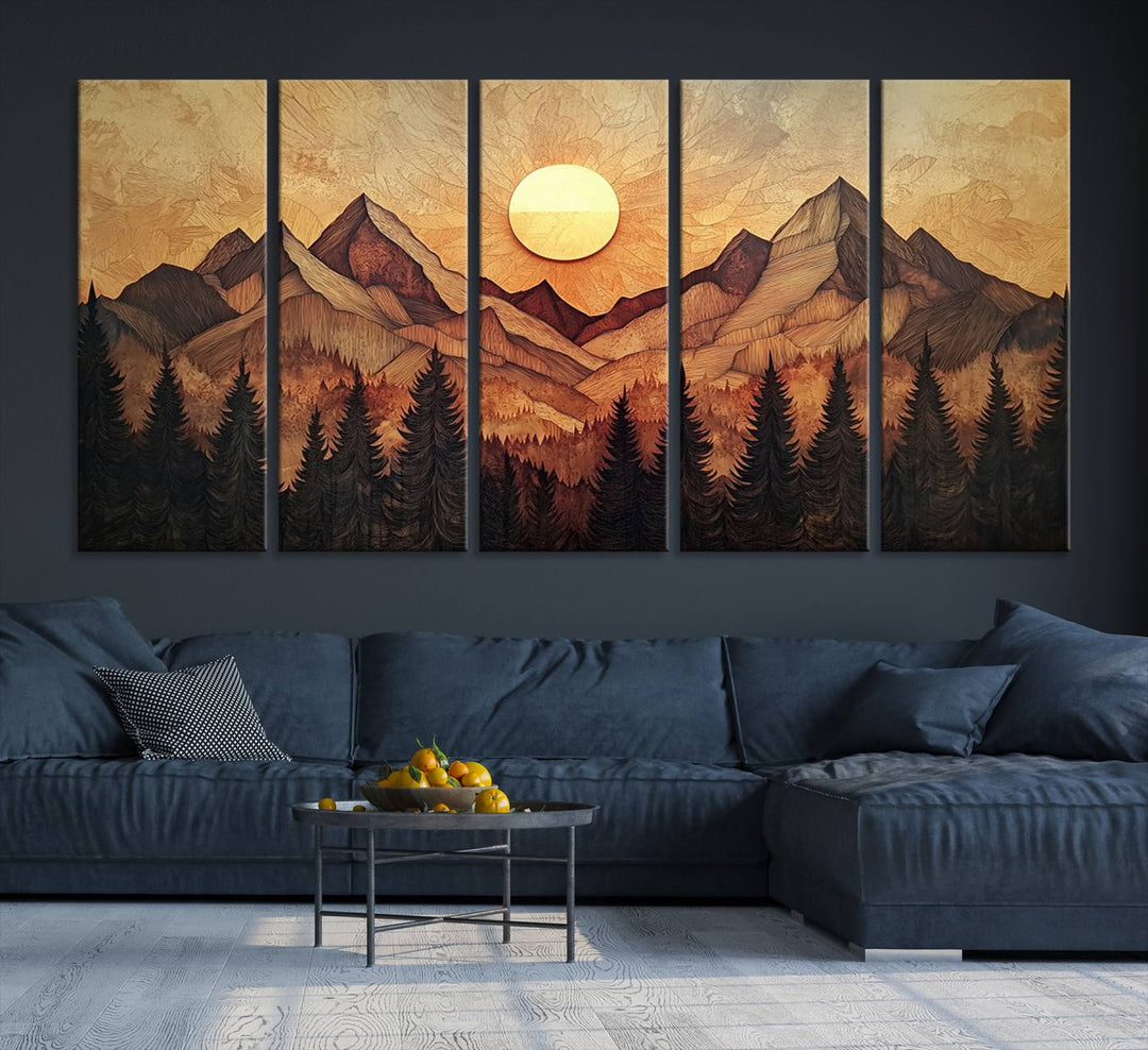 The dining area features a Wood Style Abstract Mountain Sunset canvas wall art print.