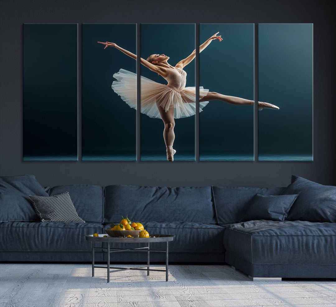 This stunning Ballerina Canvas Wall Art Print captures the elegance of a ballet dancer in motion, beautifully highlighted against a stage-like backdrop with delicate decor and natural elements. As graceful dance-inspired wall decor, it adds an element of grace and movement to any living room, office, or bedroom and is ready to hang.