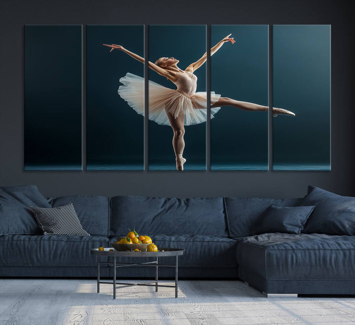 This stunning Ballerina Canvas Wall Art Print captures the elegance of a ballet dancer in motion, beautifully highlighted against a stage-like backdrop with delicate decor and natural elements. As graceful dance-inspired wall decor, it adds an element of grace and movement to any living room, office, or bedroom and is ready to hang.