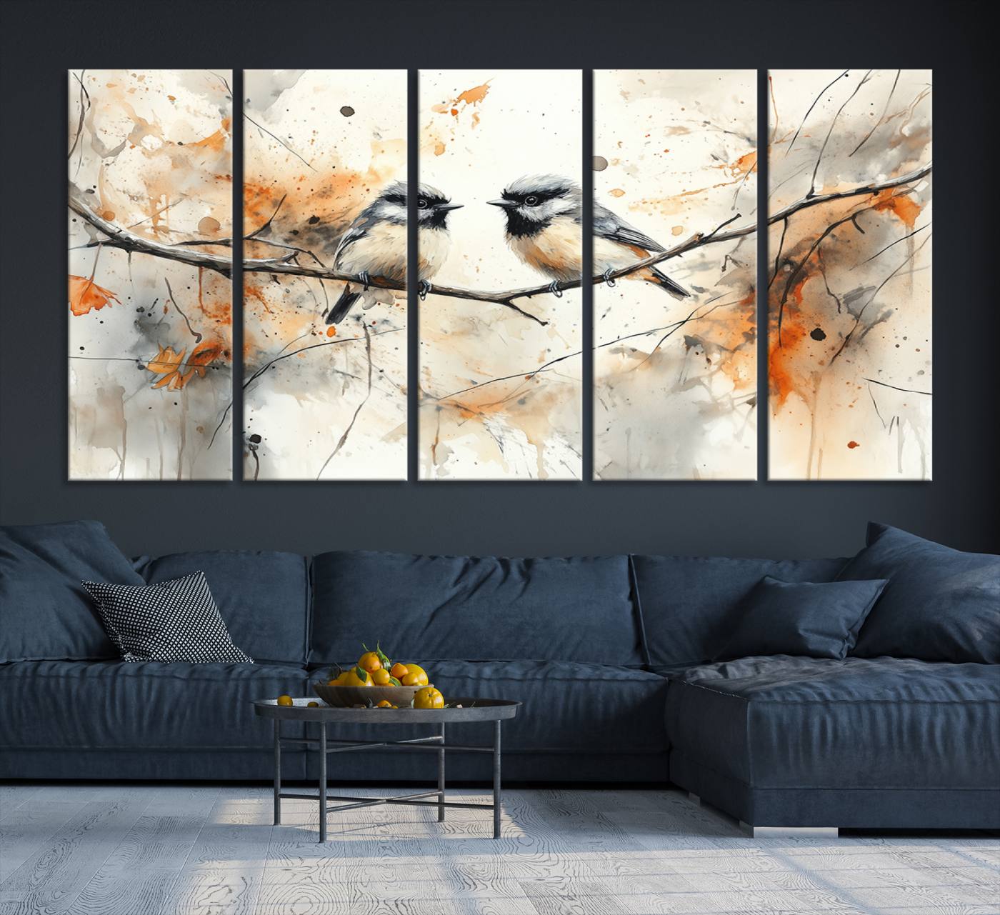 A soft and elegant watercolor painting of two chickadees perched on a delicate branch, surrounded by splashes of orange and neutral tones evoking a calm autumn day.