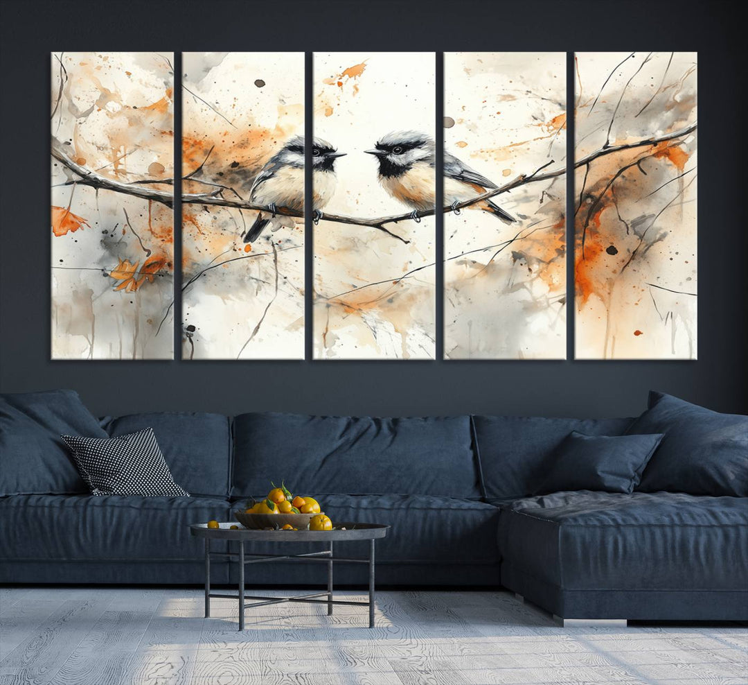 The living room features abstract watercolor chickadee bird art on the wall.