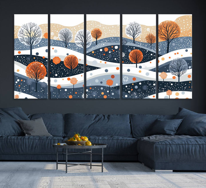 The "Abstract Winter Landscape Canvas Wall Art Print," featuring a triptych of landscapes with trees and hills in vibrant orange, white, and blue hues, adds a gallery-quality finish that transforms the space into an art lover's dream.