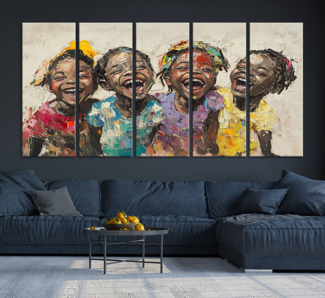 The Joyful Childhood Canvas Art by Shai Yossef, depicting kids laughing, is featured in the living room.