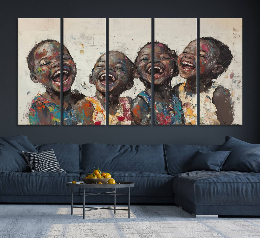 This Shai Yossef Print - Joyful Childhood Canvas Wall Art is an expressive impasto painting of laughing children. As framed abstract art for your living room, it adds a touch reminiscent of Shai Yossef's unique style to any living space.