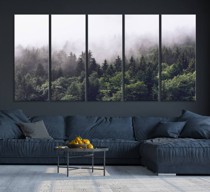 A serene triptych nature print featuring a misty forest, perfect as wall art.